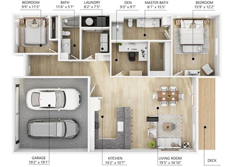 A floor plan of a house with a living room, kitchen, two bedrooms, a bathroom, laundry room, and a garage.